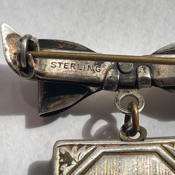 Sterling Silver Dangling Book Locket & Bow Pendant Brooch - 1 3/8" Tall - Picture 6 of 11